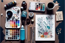 A Table With A Bunch Of Art Supplies On It And A Cup Of Coffee On Top Of It With A Pen And A Pencil In Front Of The Picture Of A Bird And A Flower.