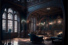 Victorian And Gothic Style Fantasy Mansion Interior With Wooden Walls