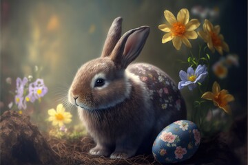 Sticker - a rabbit sitting in the grass next to a painted egg and flowers on a dark background with a light shining through the window behind it, with a shadow of the rabbit's head.