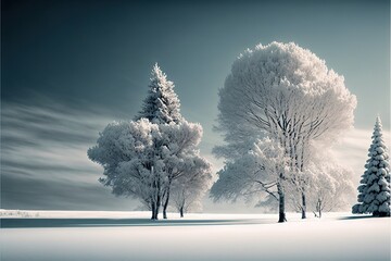 Sticker - a snowy landscape with trees and a sky background with clouds in the background and a blue sky with white clouds in the background, and a black and white photo of the trees in the.