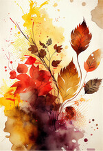 Abstract Colorful Painting Watercolor Splash Paints On Background, Painted Abstract Background. Brush Strokes Background. Illustration. Spatter Splash, Autumn Leaves