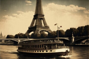 Poster - a boat is going down the river near the eiffel tower in paris, france, with a bridge in the background and a boat in the foreground of the water, and a bridge in the foreground.