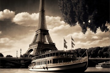 Wall Mural - a boat is docked in front of the eiffel tower in paris, france, on a cloudy day with a few clouds in the sky above it and a bridge in the foreground.