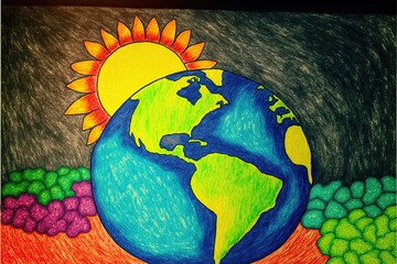 Wall Mural - Childrens drawing of the earth planet, created with Generative AI technology
