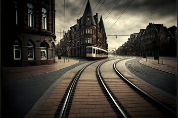 Sticker - a train traveling down tracks next to a tall building on a cloudy day in a city with a train on the tracks and a building on the other side of the tracks, a street.