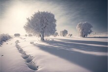 A Snow Covered Field With A Tree And A Path In The Snow With Footprints In The Snow And A Sun Shining Through The Clouds Above The Trees And The Snow Covered Ground, And A.