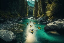 A Group Of People In Kayaks Paddling Down A River Surrounded By Trees And Rocks In The Mountains, With A Mountain In The Background, And A River Running Through The Middle, With. Generative AI