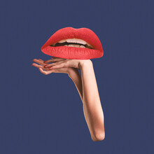 Contemporary Art Collage. Creative Design. Red Female Lips, Mouth Leaning On Hands Over Blue Background. Romantic Talk
