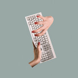 Fototapeta Kawa jest smaczna - Contemporary art collage. Creative design. Female hands typing on computer keyboard. Mass media, journalism, business