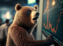 A Surprised Bear Watches The Stock Market Rise And Can Do Nothing Against The Bulls