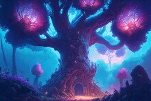 Giant World Tree In Fantasy Concept. Anime Style. Illustration Painting. Generative AI.