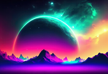 Neon color night sky art illustration. Generative AI