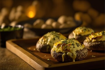 Poster -  a wooden tray topped with baked potatoes covered in cheese and sauces next to a bowl of potatoes and a plate of potatoes in the background on a table top of wood surface with a. Generative AI