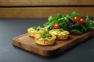 Poster -  a cutting board with some food on it and a salad on the side of it with lettuce and tomatoes on top of it and a salad in the background with lettuce. Generative AI