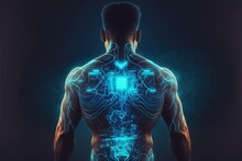  A Man With A Futuristic Body And Headphones On His Ears And Back, With A Circuit Board In The Shape Of A Human Body And A Glowing Blue Light In The Middle Of His.