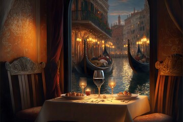 Canvas Print - a painting of a gondola in venice at night with a table with two glasses of wine and a plate of food on it with a gondola in front of gondola. Generative AI