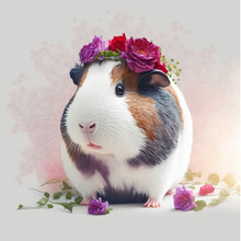Cute Beautiful Guinea Pig In A Wreath Of Flowers, Spring, Art, Design, Character, Pet, Animal, Flowers, Watercolor