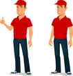 handsome young man wearing a red t-shirt and cap, smiling and giving thumbs up. Worker in company uniform, ready to assist customers.