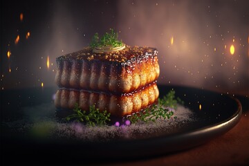 Poster -  a plate with a dessert on it on a table with a candle and some lights in the background and a small amount of dust on the plate is covered with a small amount of sugar. Generative AI