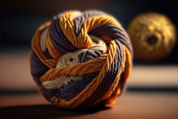  a ball of yarn with a bird on it and two balls of yarn in the background with a blurry background of yarn and a ball of yarn on the floor with a blurry., generative ai