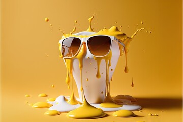 Poster -  a milkshake with sunglasses on it is spilling into the air and yellow liquid coming out of it on a yellow background with drops of liquid coming out of the top of the milk., generative ai