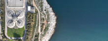 Aerial Drone Ultra Wide Photo Of Latest Technology Sewage Treatment Plant And Sludge Drying Facilities Located In Mediterranean Island