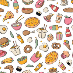 Fast food seamless pattern with colorful doodles for wallpaper, textile prints, wrapping ppaer, scrapbooking, backgrounds, etc. EPS 10