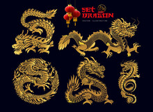 Collection Of Traditional Chinese Dragon. Big Set Of Black Asian Dragons. Happy Chinese New Year 2024 Year Of The Gold Dragon Zodiac Sign With Asian Elements Golden Paper Cut Style. Vector.