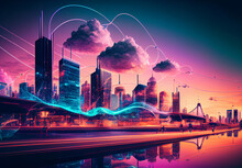 Modern Concept Of Urban Landscape And Communication Network. High-speed Internet Connection Visualized As Cables Linking Up In A Spectacular Futuristic And Cyberpunk Cityscape With Skyscrapers..
