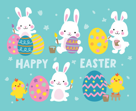 Fototapete - Vector illustration of white easter bunny rabbits and chickens painting Easter eggs.