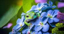 Close-up Of A Frog In Hydrangea Flowers. Digital Art	