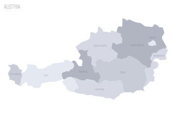  Austria political map of administrative divisions - federal states. Grey vector map with labels.