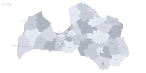 Sticker - Latvia political map of administrative divisions - municipalities and cities. Grey vector map with labels.