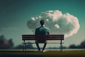  a man sitting on a bench with a cloud above him and a sky filled with clouds above him, and a person sitting on a bench facing the opposite side of the bench, facing the picture. Generative AI