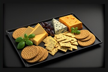 Poster -  a tray of cheese, crackers, grapes and cheeses on a black surface with a black border around it and a green leafy stem on the side of cheese and a black. Generative AI