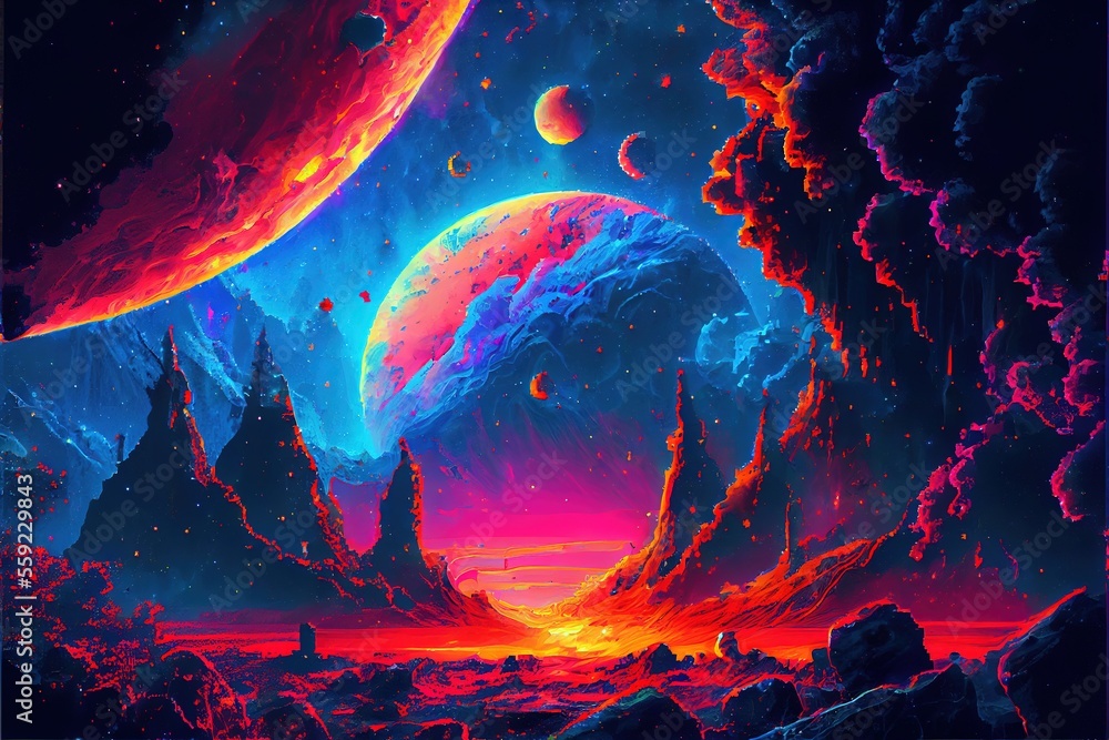 A deserted abstract colorful alien landscape. Alien planets during sunrise. A beautiful landscape on another planet. Painting in eight-bit retro style. Generative AI Art.