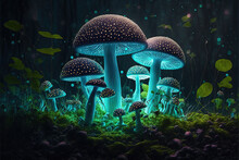  A Group Of Mushrooms That Are In The Grass Together In The Night Time, With A Green Glow On Them And A Black Background With White Dots On The Mushrooms And Leaves And Grass,.