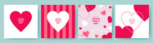 Happy Valentine's Day Set Of Simple Cards, Banners Or Backgrounds With Heart Frames And Patterns In Modern Flat Style For Decor, Greetings, Packaging, Print, Web, Promo, Sales