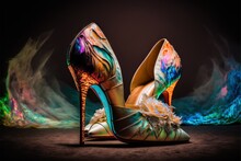  A Pair Of Colorful High Heels With Feathers On Them On A Black Background With A Colorful Swirl Pattern On The Heel Of The Shoe, And A Black Background With A Blue And Green And.