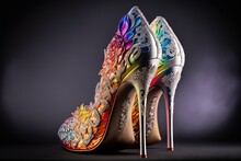  A Pair Of Colorful High Heels With A Butterfly Design On The Side Of The Shoe, On A Black Background, With A Black Background Of A Dark Backdrop With A Light And A Few. Generative AI