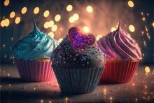  Three Cupcakes With Frosting And A Heart Shaped Decoration On Top Of Them, With A Blurry Background Of Lights And Bounches In The Background, With A Sparkle,.
