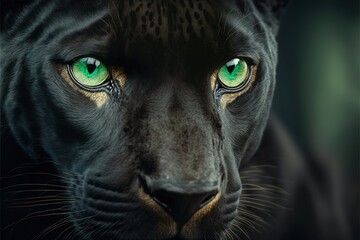  a black leopard with green eyes looks at the camera with a serious look on his face, while the other side of the face is blurry and blurry, with a black background. Generative AI