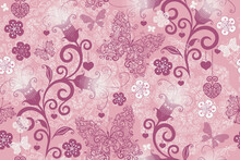 Vector Seamless Valentine Pattern With Hearts And Butterflies  And Flowers On Pink Background
