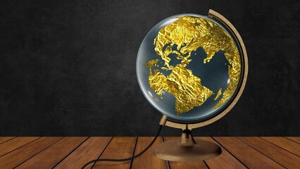 Wall Mural - 3d animation of rotating golden earth globe. Model of the planet earth that rotates on the base. Alpha channel. 3d render. Save the planet concept.