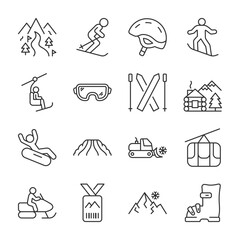 Wall Mural - Ski resort icons set. Mountain active entertainment. Snowboarding, skiing, snowmobiling, tubing, linear icon collection. Line with editable stroke