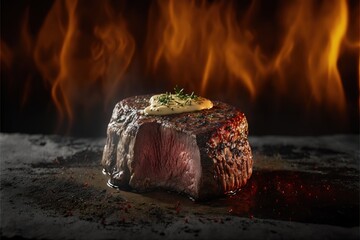 Wall Mural -  a steak steak with a sauce and a garnish on top of it, on a table with flames in the background, with a black background of a black surface with a red and white. Generative AI