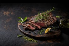  A Steak With Herbs And A Lemon On A Cutting Board With A Glass Of Wine And A Knife On The Side Of The Steak, On A Dark Background With A Black Surface With A.