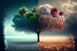 A magnificent colorful illustrated tree that shows the four seasons of the year. AI Generative