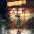© TJ Barnwell - Watercolor Graphic Novel Image of a Red-Haired Woman with an Umbrella Standing in the Rain in Front of a Neon Lit Ramen Noodle Shop. [Digital Art Painting. Sci-Fi / Fantasy / Historic / Horror.]