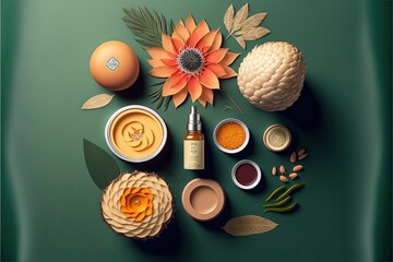 Sticker - a green background with a variety of cosmetics and flowers on it, including a pineapple, an orange flower, and a bottle of lotion, and a bottle of lotion on the.